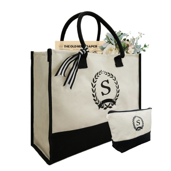 Initial Canvas Tote Bag, Personalized Initial Canvas Beach Bag, Monogrammed o_o - Picture 1 of 6